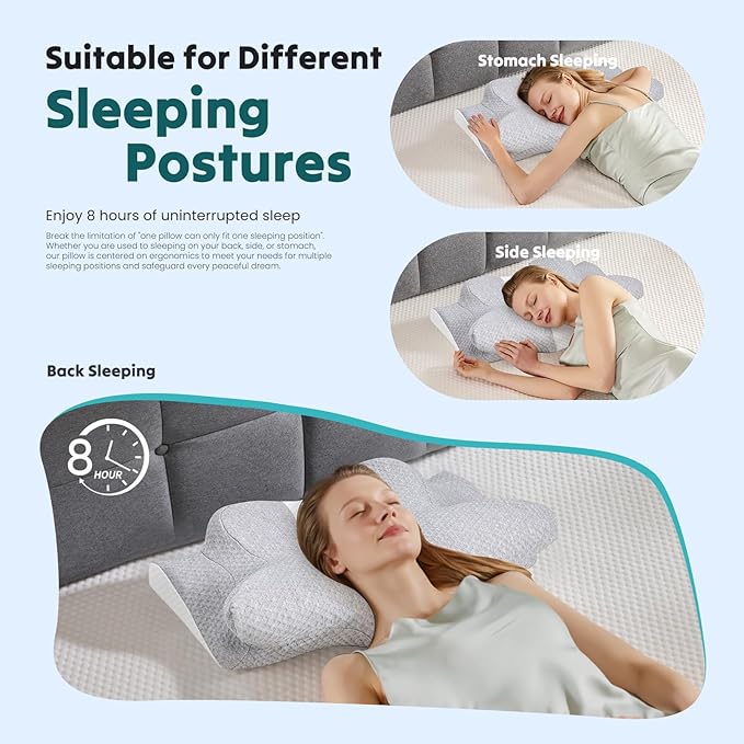 Sweetcrispy Memory Foam Cervical Neck Pillow for Sleeping, Ergonomic Contour Side Sleeper Pillows for Adults, Cooling Orthopedic Pillow for Pain Relief Support, Grey