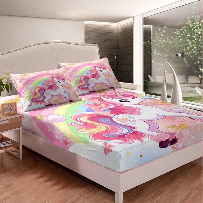 Manfei Cartoon Unicorn Kids Fitted Sheet Twin Size,Rainbow Cloud Dreamy Bedding Set,Girls Women Room Decor,Butterfly Flowers Cute Down Fitted Sheet,Pink Bed Sheet,1 Pillowcase