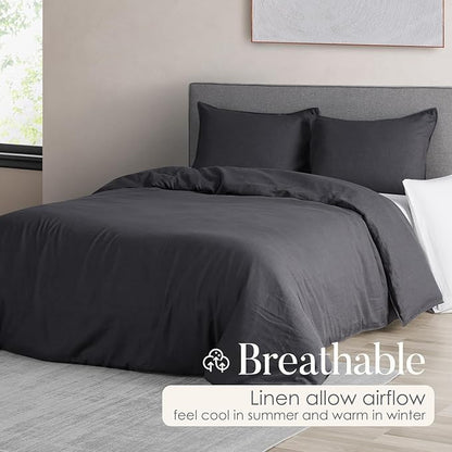 DAPU 100% Linen Duvet Cover Set - Pure Natural French Flax Linen with Corner Ties and Zipper Closure Soft Breathable Durable for Hot Sleepers 1 Duvet Cover 2 Pillowcases (Dark Gray, King)