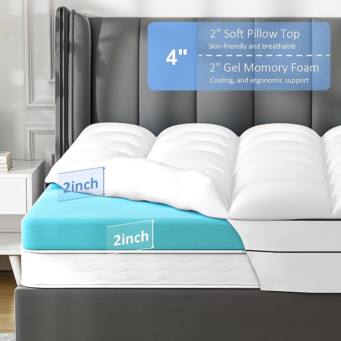 4 Inch King Mattress Topper Dual Layer,2 Inch Gel Memory Foam Plus 2 Inch Cooling Pillow Top Mattress Pad Cover for Back Pain, with 8-21 Inch Deep Pocket