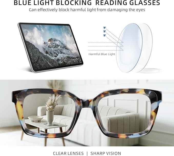 XVXV Reading Glasses for Women Men - Blue Light Blocking Readers Oversize Oprah Square Anti Glare/Eyestrain Spring Hinge