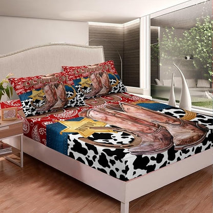 Western Cowboy Bed Cover(1 Fitted Sheet+1 Pillow Case),American Tribal Boots Horseshoe Retro Bedding Set for Room Decor,Red Boho Paisley Rustic Cowhide Patchwork Bed Sheet Set,3Pcs Full Size