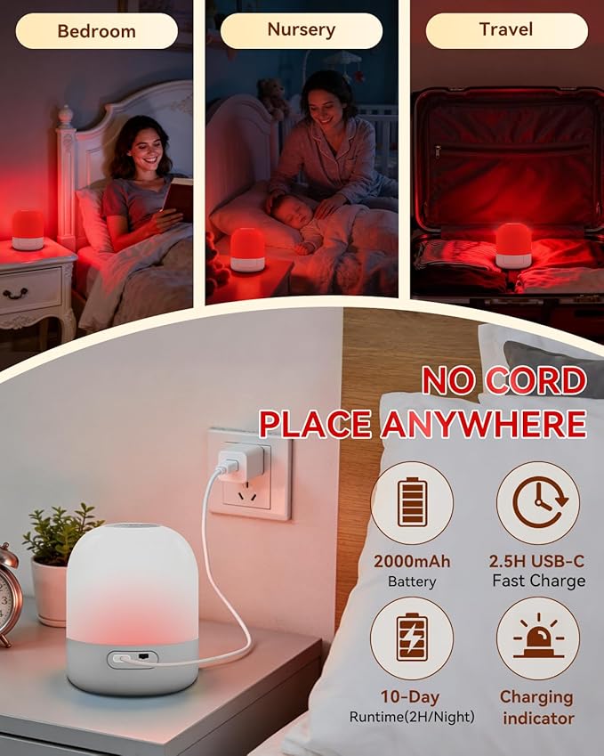 670nm Red Light for Sleep, 100% Blue Light Blocked & 10%-100% Dimmable & 4 Timers & Remote + Touch, Rechargeable Long Lasting Red Night Light Sleep Lamp for Bedroom, Nursery, Reading