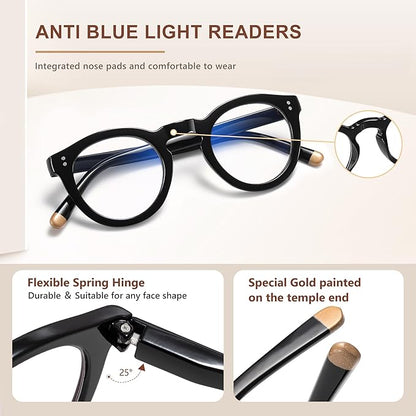 EASY READ Retro Round Blue Light Blocking Reading Glasses for Women,Anti UV Readers for Women with Spring Hinge