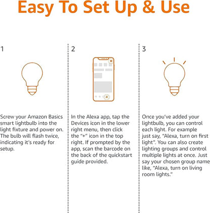 Amazon Basics Smart A19 LED Light Bulb, Dimmable Soft White (2700K), 9W (60W Equivalent), 800LM, Works with Alexa Only, Energy Efficient, 2.4 GHz Wi-Fi, No Hub Required, 1-Pack