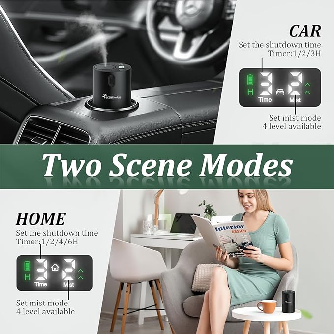Waterless Diffuser for Essential Oil - Aroma Diffuser for Home with Battery Indicator, Portable Smart Scent Air Machine 1/2/3 & Continuous Mist, Timing & Auto-Off Function