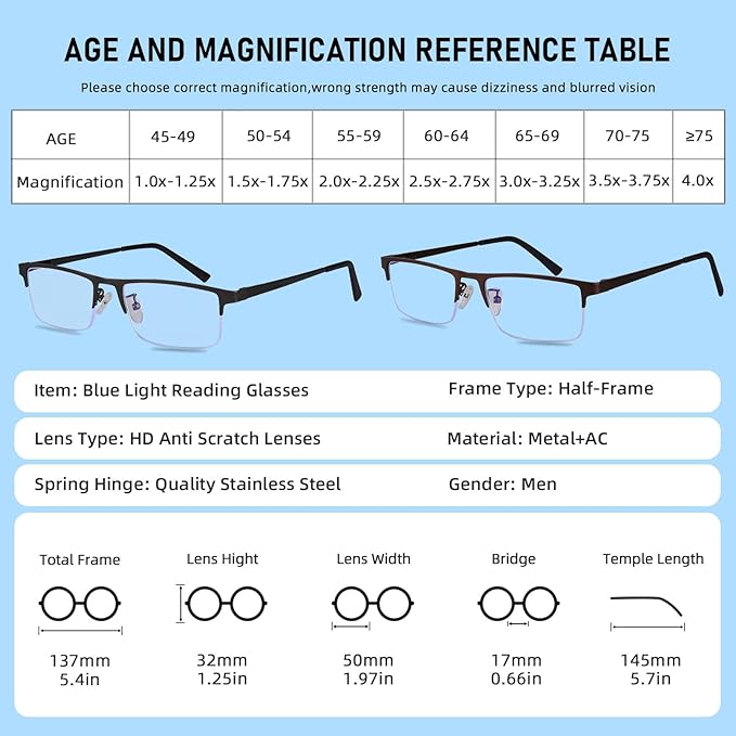 3-Pack Reading Glasses for Men, Lightweight Metal Half Frame Blue Light Blocking Computer Readers