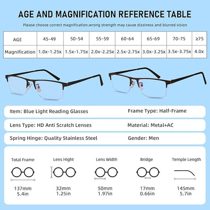 3-Pack Reading Glasses for Men, Lightweight Metal Half Frame Blue Light Blocking Computer Readers