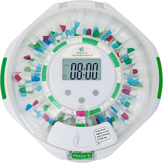 Automatic Pill Dispenser w/Alarm, Sound & Light, 28-Day Locked Medication Dispenser w/Easy-Read Display, up to 6 Alarms/Day, 9 Dosage Templates for Prescriptions, Vitamins & More, Clear Lid