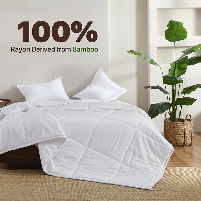 NATUREFIELD Lightweight Bamboo Quilt King Size – Cooling Summer Comforter Only, Rayon from Bamboo Cover, Breathable Box Stitch Spring Bedding with 200g Fill (125 GSM), 106x90 Inch, White