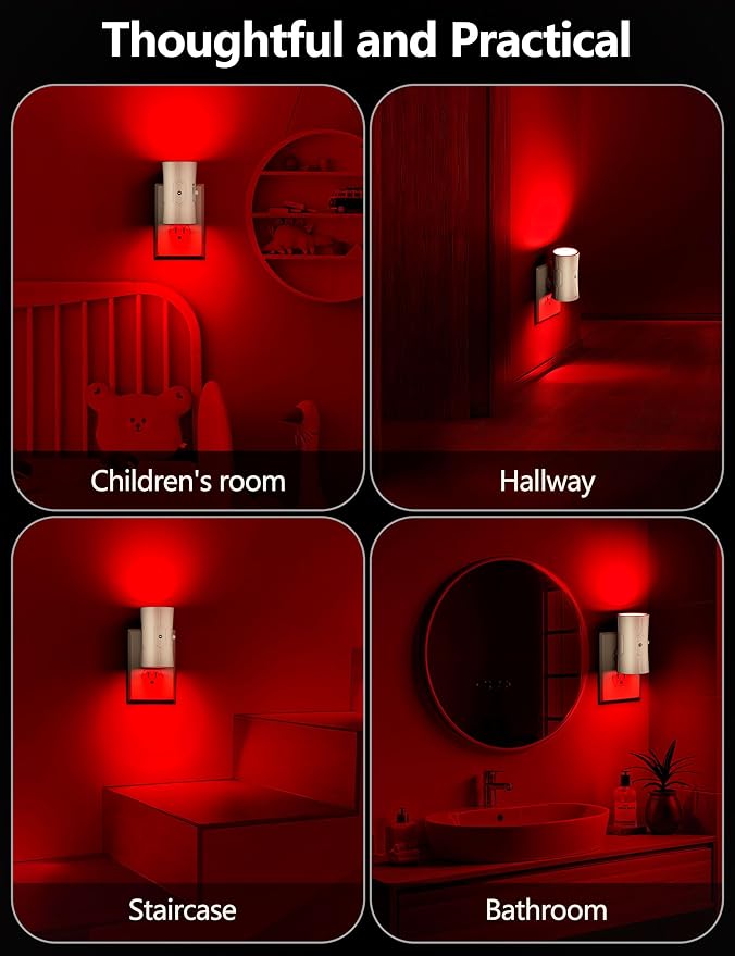 Night Light, Night Lights Plug into Wall [2 Pack], 0-100LM Adjustable Brightness Light Sensor Nightlights Plug in Wall for Hallway, Bathroom, Adults, Red Led Nightlight
