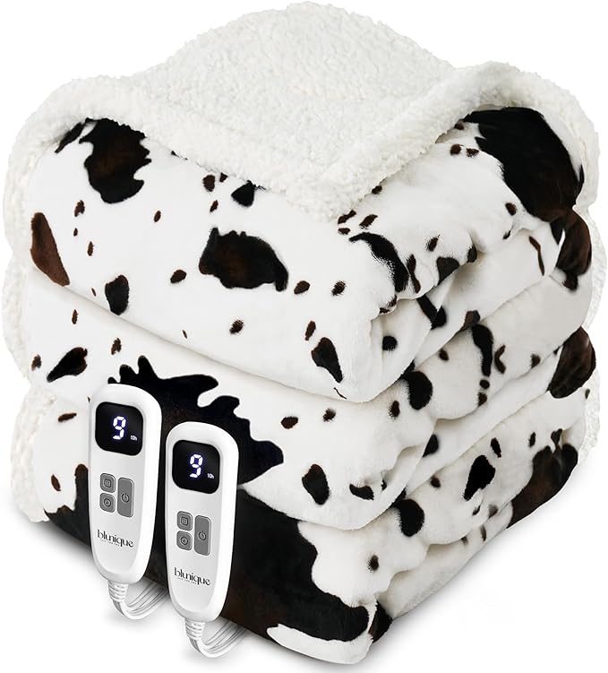 Heated Blanket Queen Blanket - Fast Heating Electric Blanket, Soft Flannel Heated Queen with 4 Time Settings,10 Heating Settings, Warm Gifts for Women & Mom & Grandma(84"x90"Cow Print White)