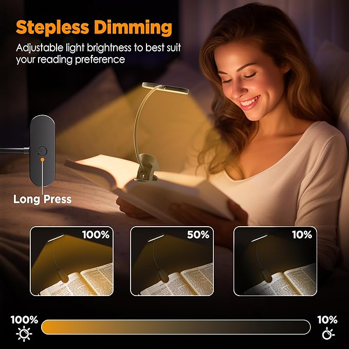 TATAANTY Book Light for Reading at Night- Eye Caring 3 Color Modes&Stepless Dimming LED Book Reading Light,Rechargeable 70Hrs Lasting Runtime Lightweight Clip-on Book Light for Book Lover,'25Upgrade