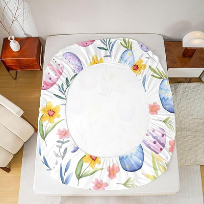 Easter Egg Fitted Sheet Full Size Spring Flower Floral Bedding Set for Kids Bedroom Happy Easter Rustic Bed Sheet Set 3pcs Purple Colorful Deep Pocket Mattress Cover,No Top Flat