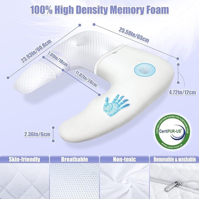 SAHEYER Side Sleeper Pillows for Adults, U Shaped Body Pillow for Pain Relief, Orthopedic Memory Foam Shoulder Pillow for Side,Stomach, Back, Arm with Removable Washable Cover (Upgraded Version),White