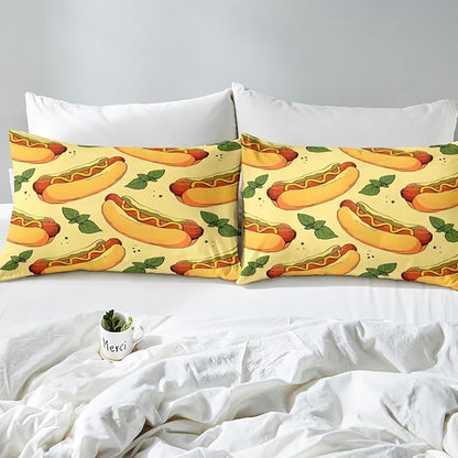 Manfei Fast Food Sheet Set Queen Size, American Cartoon Hot Dog Hamburg Bed Sheet Set 4pcs (Fitted Sheet, Flat Sheet, 2 Pillowcases), Creative Yellow Bedding Set for Kids Boys Girls Room Decor