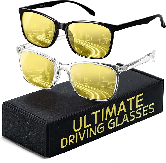 TIJN Night Driving Glasses, Anti-Glare Night Vision Glasses for Driving Women Men, UV Protection, Ultra-Light TR90, Yellow Lens, 2 Pack