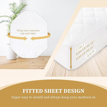 Quilted Fitted King Mattress Pad Cover, Waterproof Mattress Protector, Deep Pocket Elastic Fits Up to 21'', Breathable Soft Alternative Filling Mattress Pad