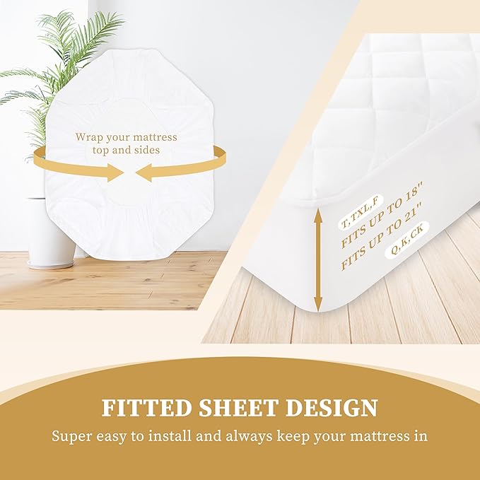 Quilted Fitted Queen Mattress Pad Cover, Waterproof Mattress Protector, Deep Pocket Elastic Fits Up to 21'', Breathable Soft Alternative Filling Mattress Pad