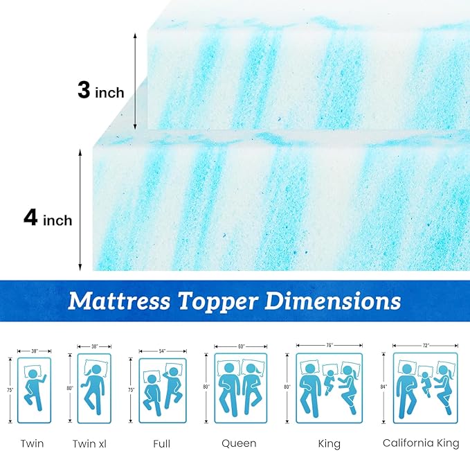 Sweetcrispy Mattress Topper California King, 3 Inch Thick Memory Foam Gel Infused Cooling Toppers Pad for Bed, Sleeper Sofa, RV, Camper, CertiPUR US Certified, Ventilated and Breathable