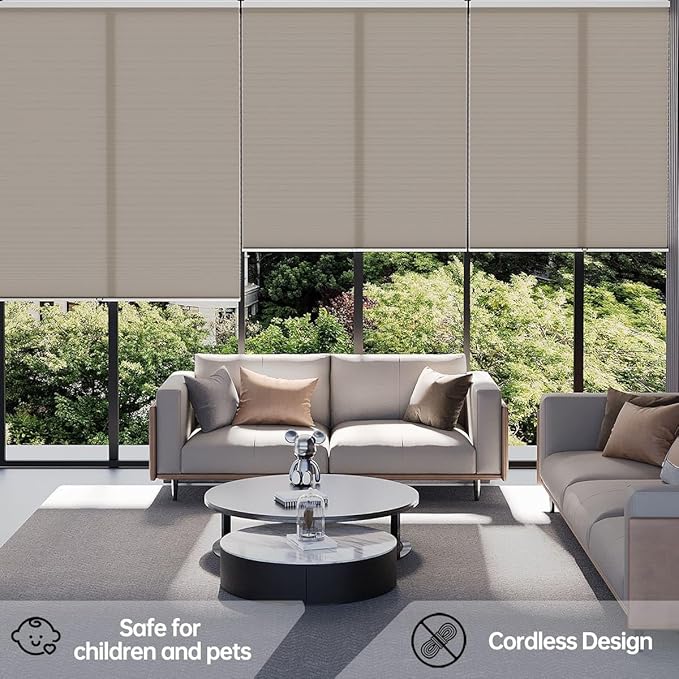 Cellular Shades Light Filtering Honeycomb Blinds for Indoor Windows, Cordless Cellular Shades 1.5 inch Cell Pleated for Bedroom Home Office, Custom Size, Half Shading Golden Brown