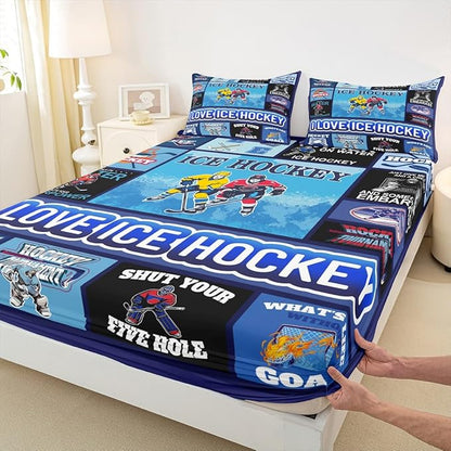 Manfei Hockey Puck Kids Sheet Queen Size, Easy Wash Bedding Set,Geometric Grid Patchwork Kids Room Decor,Blue Sheet(Fitted+Flat+2 Pillowcases)