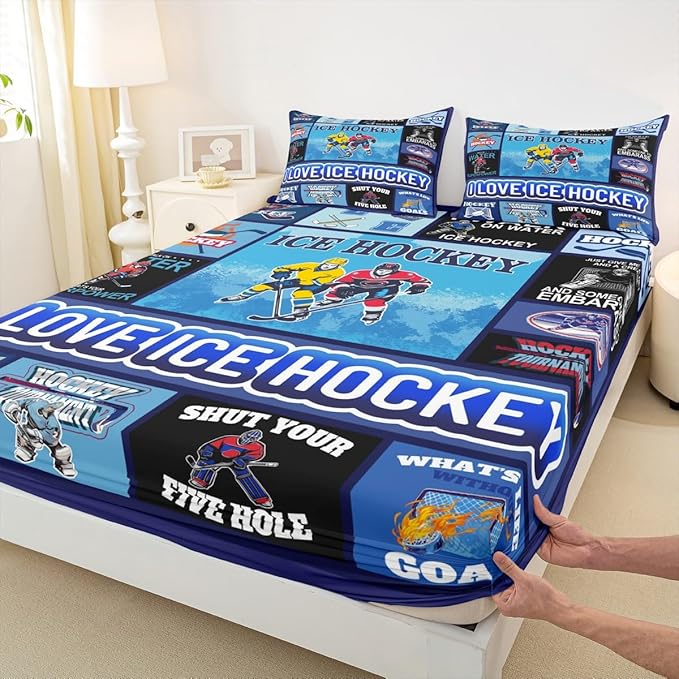 Manfei Hockey Puck Bed Sheets King Size, Bedding Set, Geometric Grid Patchwork Kids Room Decor,Blue Sheet(Fitted+Flat+2 Pillowcases)