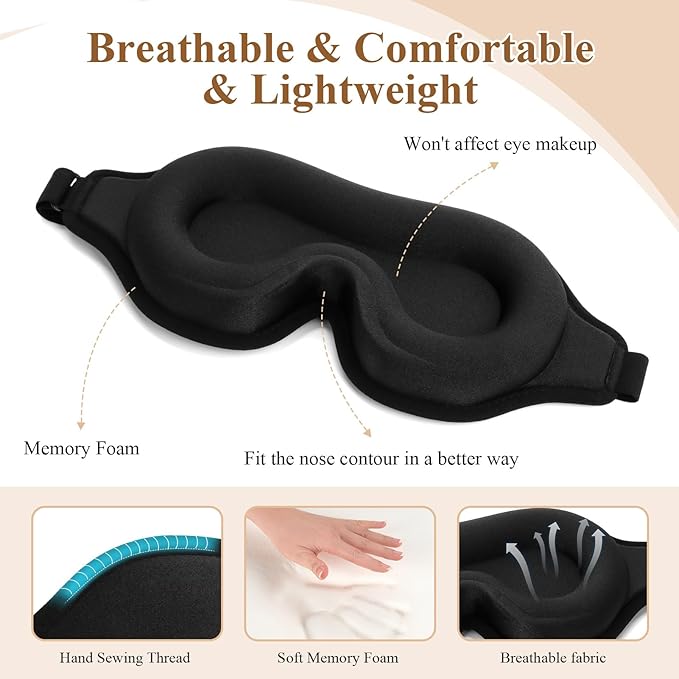 FlyCoco Sleep Mask - 3D Contoured Cup, 99% Black Out, Soft Breathable Lightweight Fluted Design with Adjustable Strap, Eye Cover for Yoga Traveling