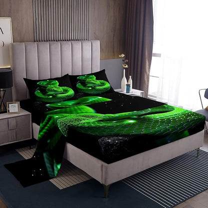 Manfei 3D Snake Kids Sheet Full Size,Exotic Reptile Animal Bedding Set,Boys Men Room Decor,Green Snake Jungle Wildlife Rustic Nature Green Black Bed Sheet Set 4pcs(Fitted + Flat + 2 Pillowcases)