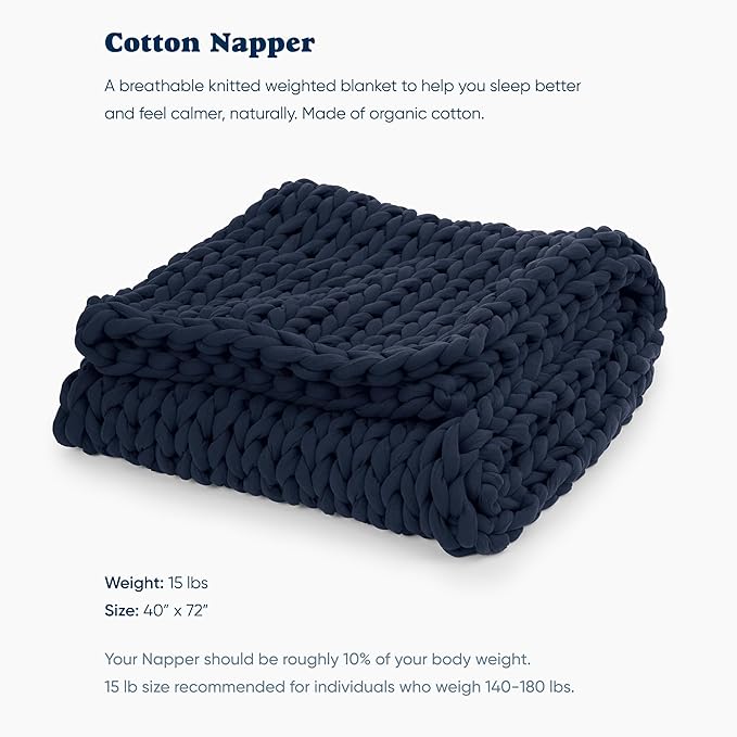 Bearaby Cotton Hand-Knit Weighted Blankets for Adults - Chunky Knit Blanket - Sustainable, Breathable, Organic, Cooling Weighted Blanket - Machine Washable (Midnight Blue, 15 lbs, 40"x72")
