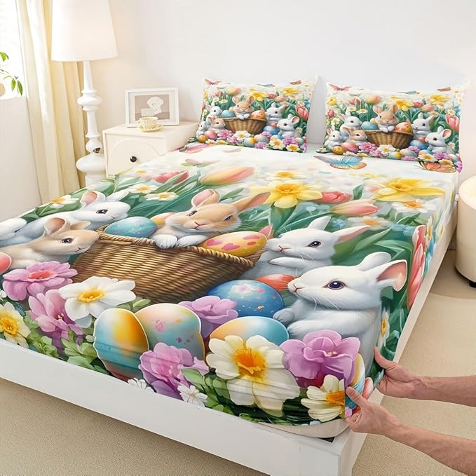 Kawaii Rabbits Fitted Sheet Full Size Spring Easter Bunny Flower Bedding Set for Kids Bedroom Tulip Easter Egg Floral Bed Sheet Set 3pcs Colorful Deep Pocket Mattress Cover,No Top Flat