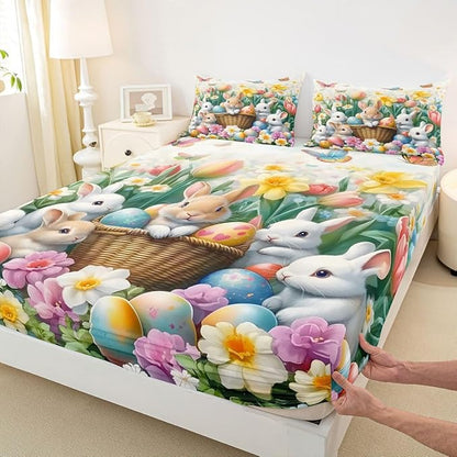 Kawaii Rabbits Fitted Sheet Full Size Spring Easter Bunny Flower Bedding Set for Kids Bedroom Tulip Easter Egg Floral Bed Sheet Set 3pcs Colorful Deep Pocket Mattress Cover,No Top Flat