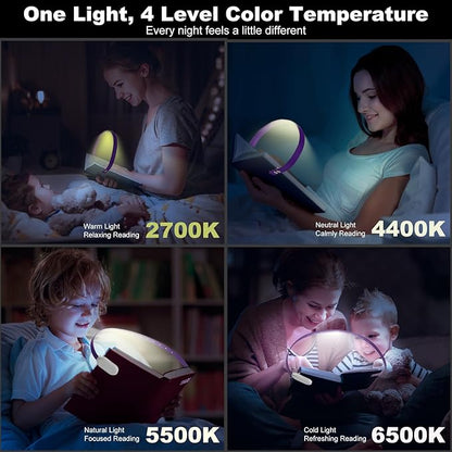 Rechargeable Book Light for Reading, 12 LED Eye-Care Reading Light, 4 Color Temperatures, Stepless Dimming, No Flicker, Evenly Distributed Lighting for Books, Perfect for Reader (Purple)