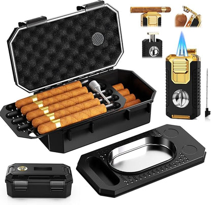 Travel Cigar Humidor Box set with Cigar Ashtray, Cigar Torch Lighter, Built-in V Cutter & Punch & Holder & Draw Enhancer Tool, Humidifier & Hygrometer, Portable Travel Cigar Case, Cigar Gifts for Men