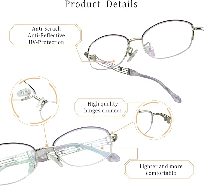 LifeArt Alloy Semi-Rimless Reading Glasses,Blue Light Blocking Glasses, Anti Eyestrain, Computer Gaming Glasses, TV Glasses for Women Men, Anti Glare (Purple, +1.00 Magnification)