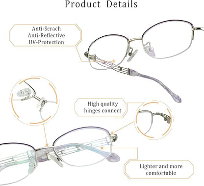 LifeArt Alloy Semi-Rimless Reading Glasses,Blue Light Blocking Glasses, Anti Eyestrain, Computer Gaming Glasses, TV Glasses for Women Men, Anti Glare (Purple, +1.25 Magnification)