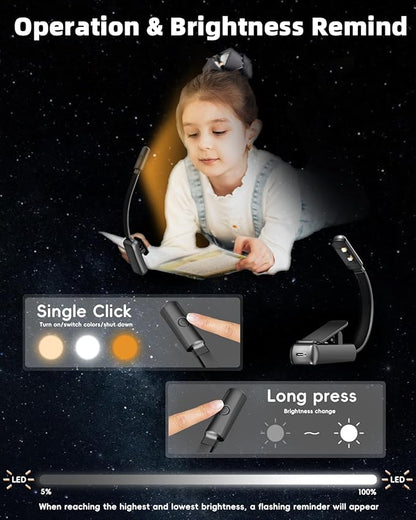 Book Light,Reading Lights for Books in Bed,AAA Battery Clip-On Led Reading Light with 3 Colors & Stepless Dimming,Portable and Ultra-Lightweight with Long Runtime(WH BK)