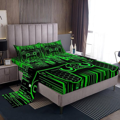 Gamer Gamepad Kids Sheet King Size,Videogaming Controller Fashion Bedding Set,Boys Girls Room Decor,Modern Geometric Honeycomb Hexagon Green Neon Bed Sheet Set 4pcs(Fitted + Flat + 2 Pillowcases)