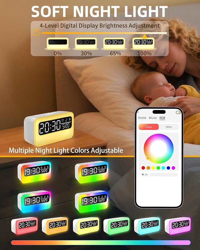 4-in-1 White Noise Sound Machine with 24 Soothing Sounds, Adjustable Night Light for Kids Adult, 4000mAh Rechargeable Bluetooth Speaker with Time Display as Chirstmas Gifts for Kids