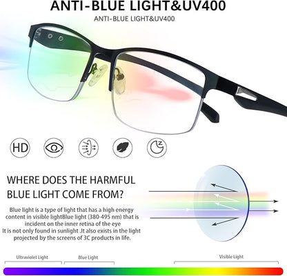 CLASAGA Progressive Multifocus Reading Glasses for Men,Lightweight Metal Half Frame Blue Light Blocking Computer Readers