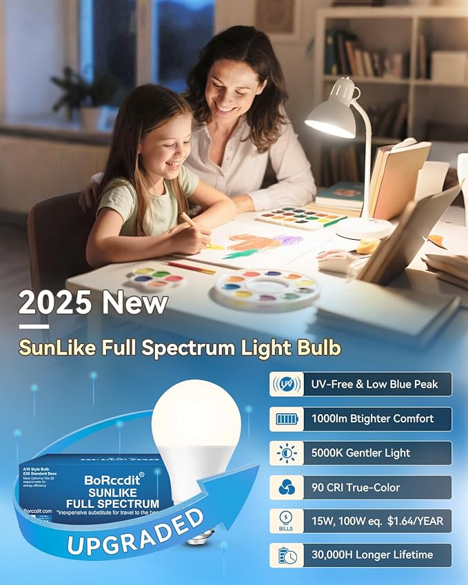 BoRccidt SunLike Full Spectrum Light Bulb LED 15W=100W, 5000K Daylight Flicker-Free & UV-Free, 90+CRI & 30000H Lifespan, 3-Pack A19 E26/E27 Natural Sunlight Light Bulbs for Humans, Home, Office, Plant