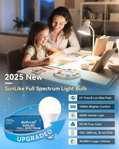 BoRccidt SunLike Full Spectrum Light Bulb LED 15W=100W, 5000K Daylight Flicker-Free & UV-Free, 90+CRI & 30000H Lifespan, 3-Pack A19 E26/E27 Natural Sunlight Light Bulbs for Humans, Home, Office, Plant