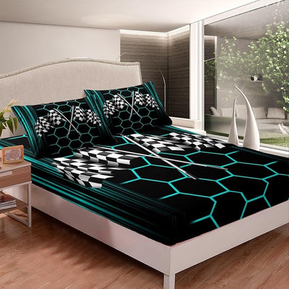 Neon Lines Honeycomb Geometric Bedding Set Full Size,Racing Car Theme Fitted Sheet,Checkered Flag Sheet Set for Kids Teens Adults Bedroom Decor,2 Pillowcases