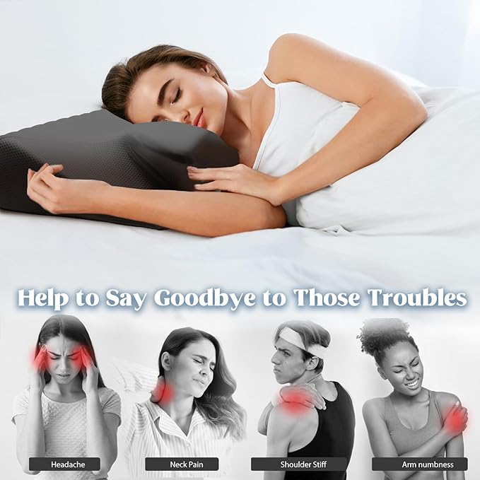 Cervical Pillow for Neck Pain Relief, Cooling Contour Memory Foam Pillows Support Odorless Ergonomic Neck Pillow Adjustable Orthopedic Bed Pillow for Side Back Stomach Sleeper with Pillowcase,Black