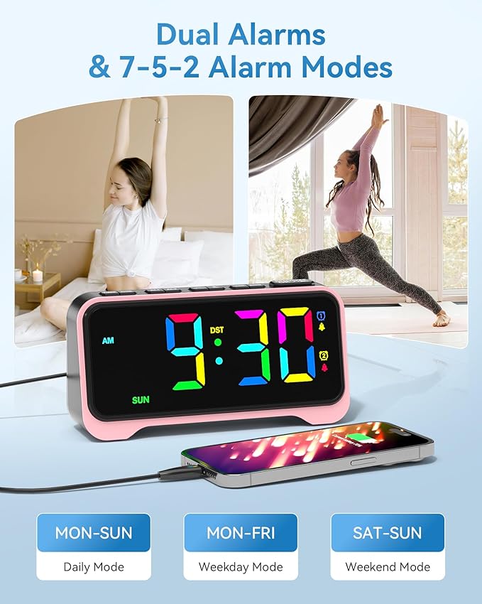 Kids Alarm Clock, Digital Alarm Clocks for Bedrooms, RGB Electric Desk Clock with Night Light, Dual Alarm, Adjustable Volume, Snooze, USB Charger, Dimmable Bedside Digital Clock for Teens, Girls