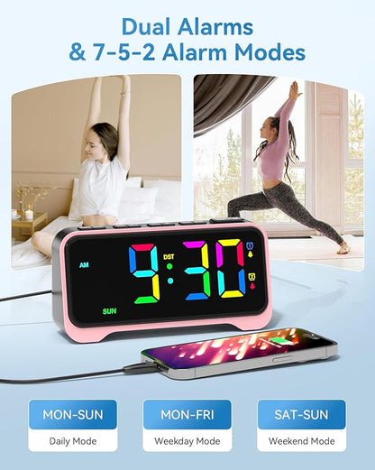 Kids Alarm Clock, Digital Alarm Clocks for Bedrooms, RGB Electric Desk Clock with Night Light, Dual Alarm, Adjustable Volume, Snooze, USB Charger, Dimmable Bedside Digital Clock for Teens, Girls