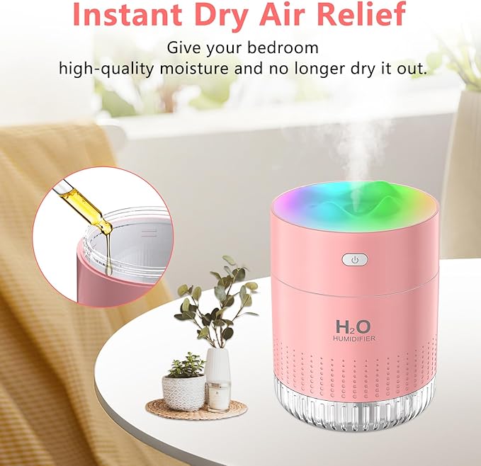 Portable Small Humidifiers for Bedroom Baby, Rechargeable Mini Cool Mist Plant Humidifier for Plants, Quiet Desktop Humidifier with 2 Working Modes & Colorful Night Light for Travel, Office, Bedroom