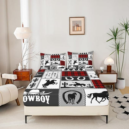 Rustic Farmhouse Horse Kids Sheet King Size,Western Cowboy Cactus Bedding Set,Boys Girls Adults Room Decor,Geometric Plaids Arrows Boho Red Xmas Bed Sheet Set 4pcs(Fitted + Flat + 2 Pillowcases)