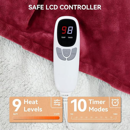 Heated Blanket Electric Blanket Twin 62"x84" Heating Blanket with 9 Heating Levels 10 Timer Modes Auto Off Fast Heating Overheat Protection ETL Certification Machine Washable Gift