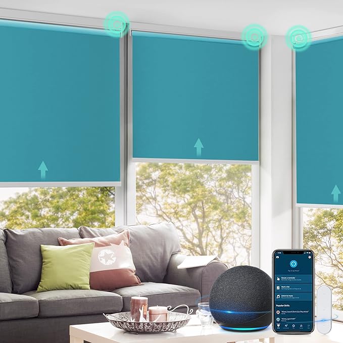 Allesin Motorized Roller Shade Blinds Work with Alexa for Window, Blackout Smart Shades Cordless with Remote Control, Electric Automated Blinds, Customized Size, Lithium Battery Motor(Turquoise Blue)